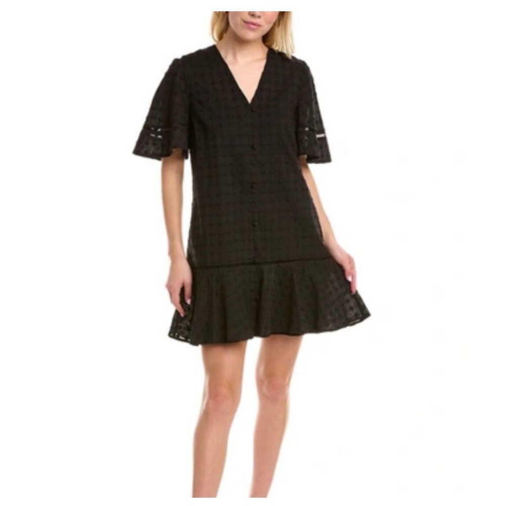 Pearl by Lela Rose Black Dotted Cotton Flounce Hem Dress PSS229243 Sz M NWT